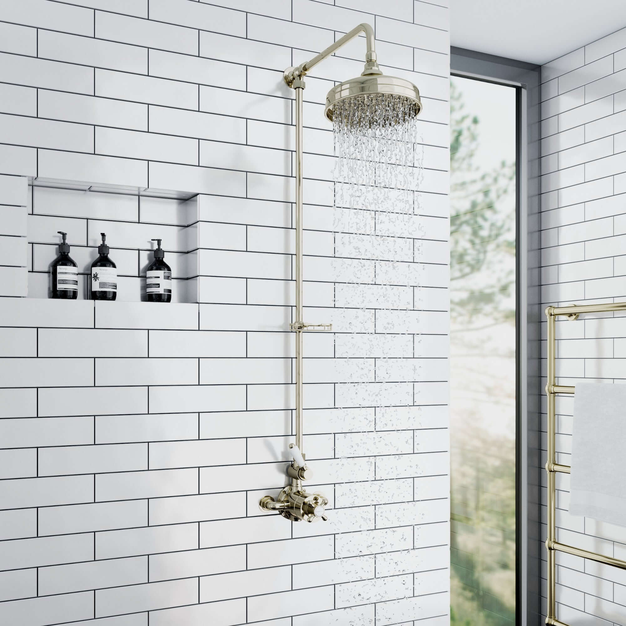 Downton Exposed Traditional Thermostatic Shower Set Single Outlet Incl. Twin Shower Valve, Rigid Riser Rail, 200mm Shower Head & Caddy - English Gold And White - Showers